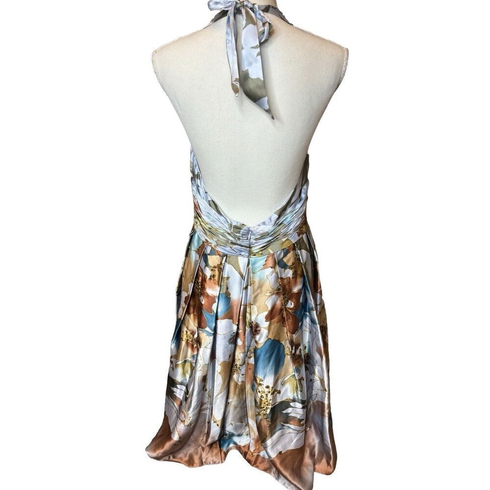 Adrianna Papell Occasions 100% Silk Blue Floral Halter Sequin Dress Y2K Sz 14 - Picture 3 of 14
